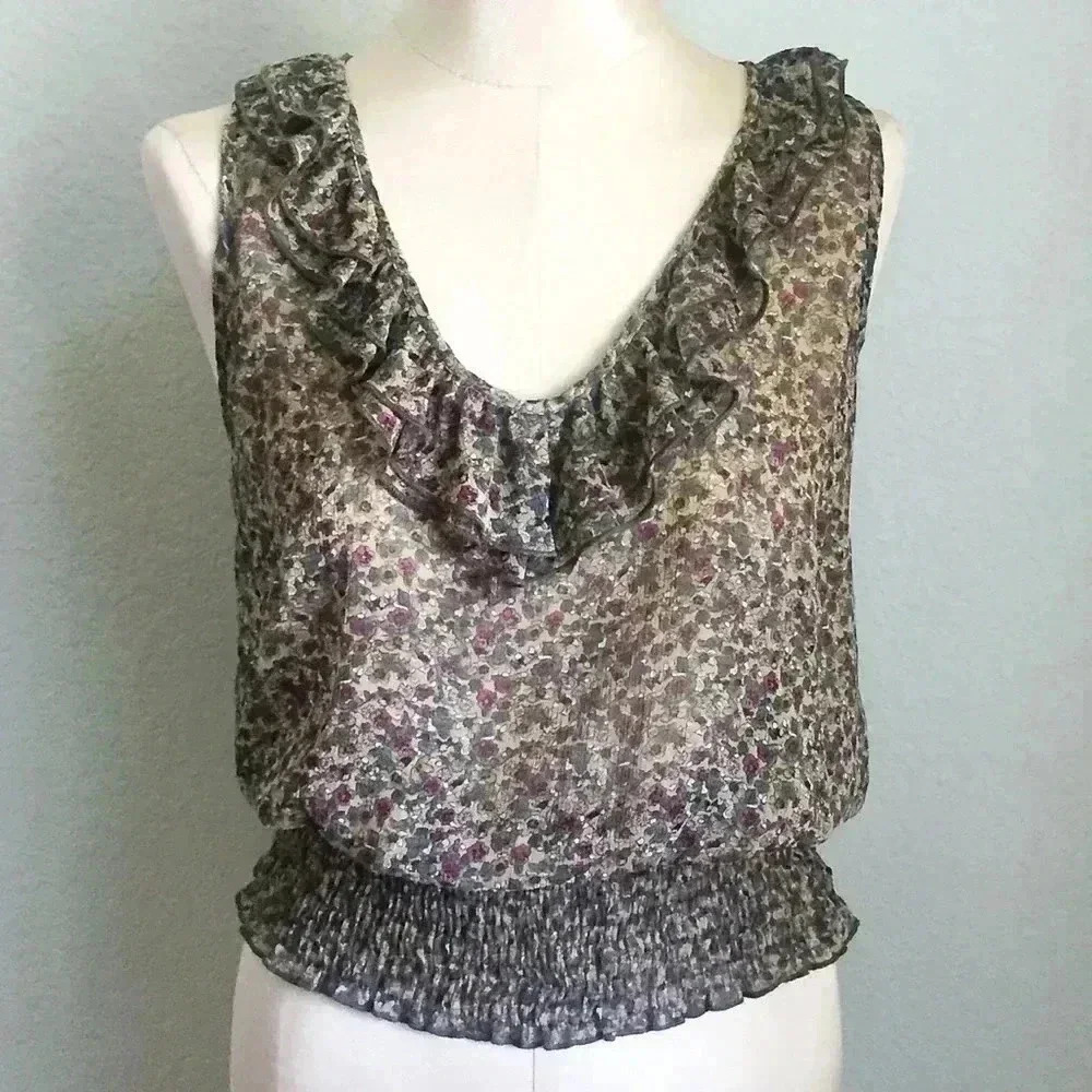American Rag Sheer Ruffled V Neck Floral Tank Top